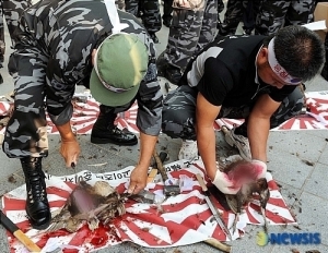 They killed the Japanese national birds brutally on the road in an anti-Japanese demonstration in S.Korea. 